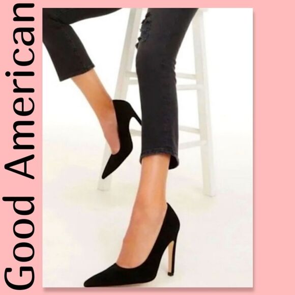Good American The Icon Pointed Toe Pump in Black Suede - Picture 1 of 16